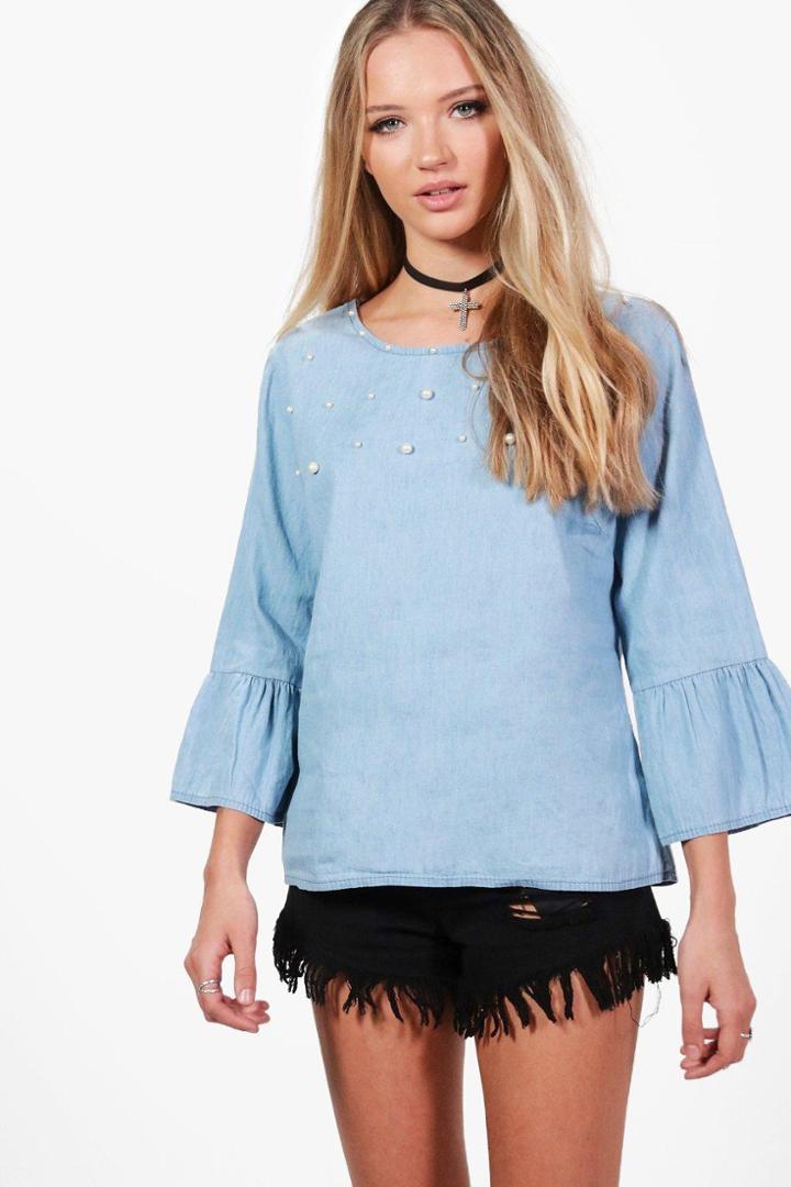 Boohoo Pearl Embellished Denim Shirt Blue