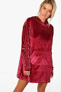 Boohoo Holly Velvet Rouched Sleeve Sweat Dress