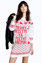 Boohoo Lara Filthy Animal Christmas Jumper Dress Cream