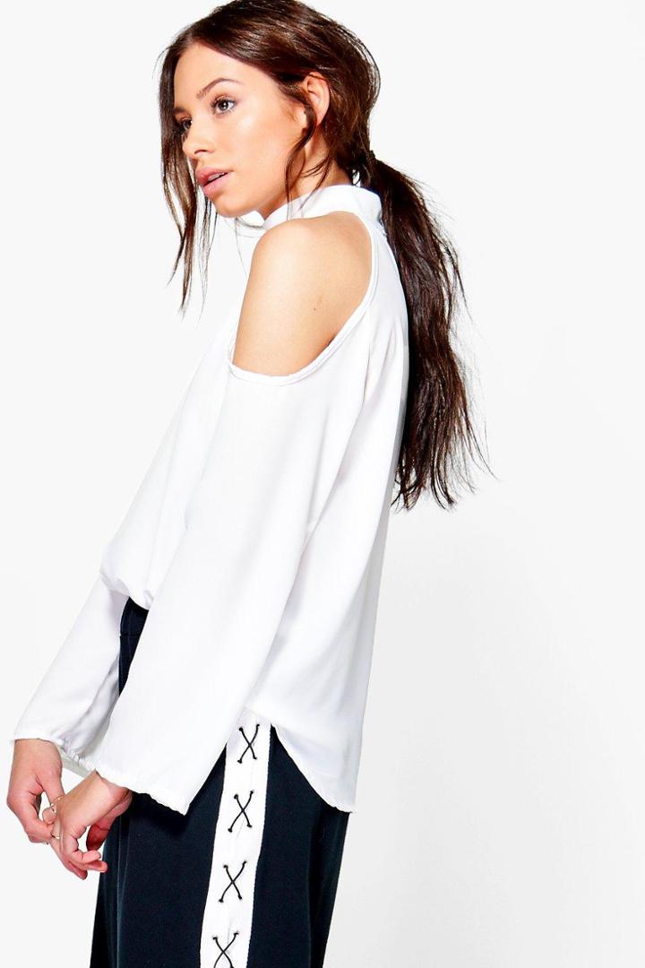 Boohoo Maya Cold Shoulder Choker Blouse White