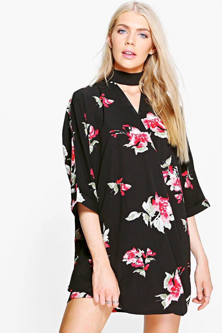 Boohoo Emmaline Floral Choker Wrap Shirt Dress Black