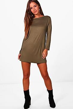 Boohoo Petite Sara Long Sleeve Shift Dress