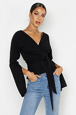 Boohoo Crepe Split Sleeve Ruffle Shoulder Top