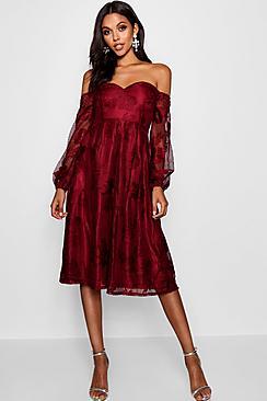 Boohoo Boutique Lace Bardot Long Sleeved Dress