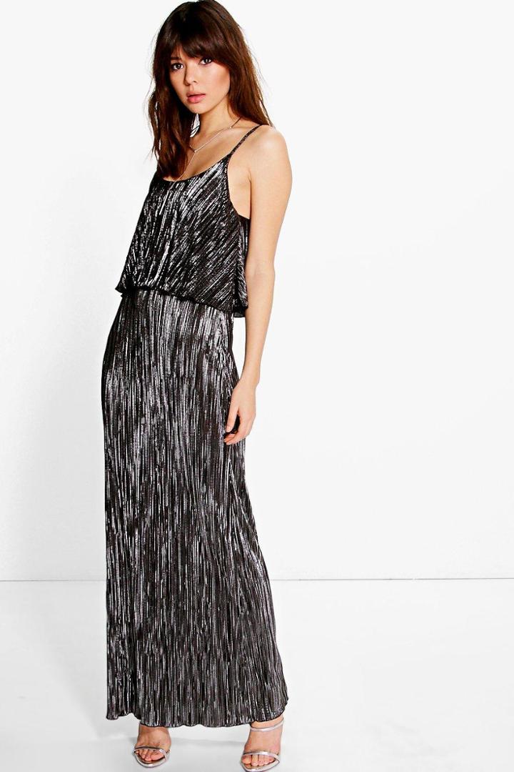 Boohoo Tahnee Metallic Pleated Maxi Dress Black