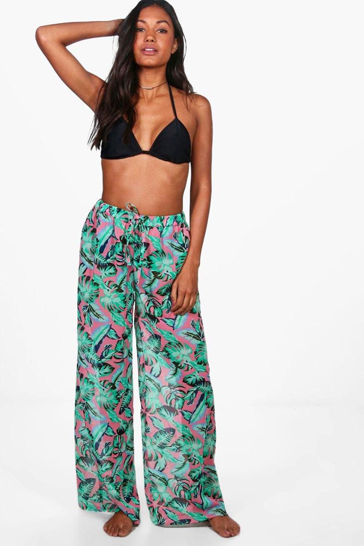 Boohoo Serena Tropical Leaf Beach Trouser Coral