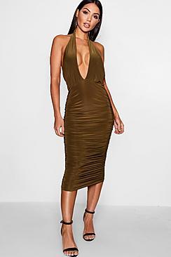 Boohoo Cross Front Ruched Detail Midi Dress