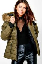 Boohoo Beth Hooded Crop Bubble Coat Khaki