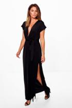 Boohoo Flossie Deep Plunge Tie Waist Maxi Dress Black