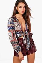 Boohoo Maria Scarf Print Tie Front Blouse