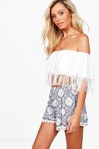 Boohoo Dani Tile Print Pom Pom Shorts Blue