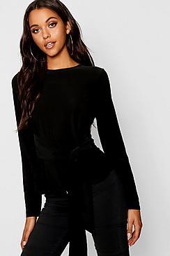 Boohoo Slinky Tie Front Long Sleeve Top