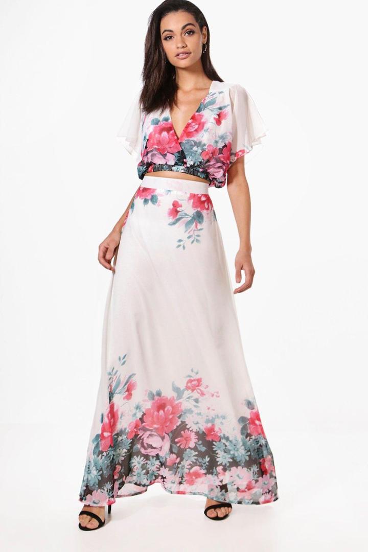 Boohoo Jane Woven Floral Tie Crop & Maxi Skirt Co-ord Multi