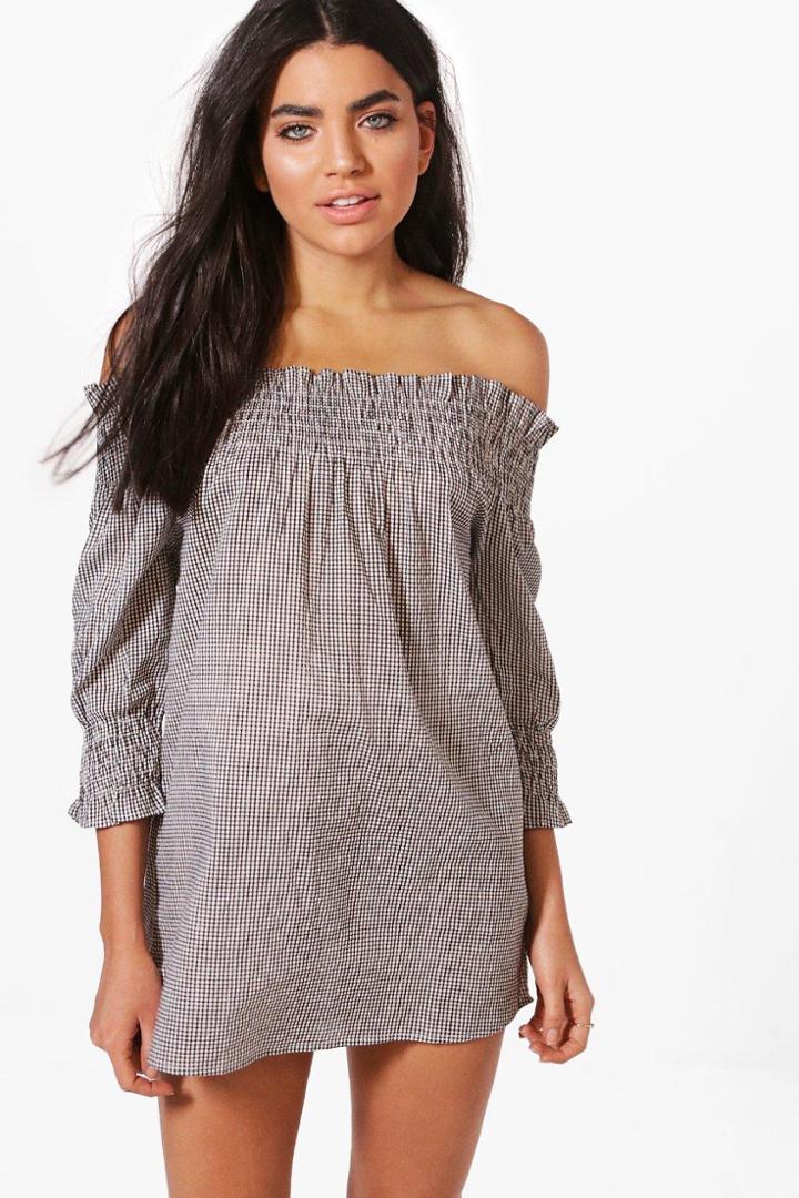 Boohoo Sofia Gingham Bardot Beach Dress Black