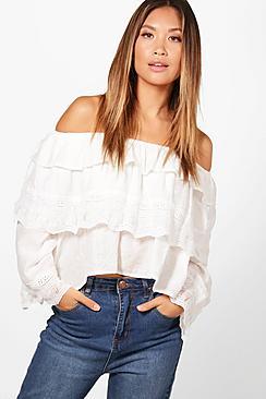 Boohoo Ava Crochet Trim Ruffle Blouse