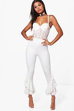 Boohoo Senna Ruffle Hem Crepe Slim Fit Trousers