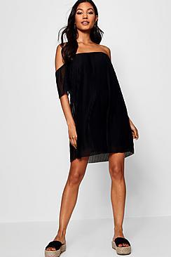 Boohoo Off Shoulder Pleat Shift Dress