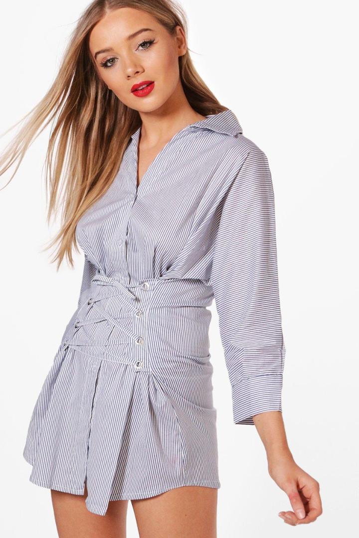 Boohoo Tanya Corset Detail Striped Shirt Dress Blue