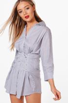 Boohoo Tanya Corset Detail Striped Shirt Dress Blue