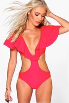 Boohoo Mexico Ruffle Shoulder Cut Out Bathing Suit Red