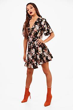 Boohoo Lia Ruffle Wrap Floral Print Tea Dress