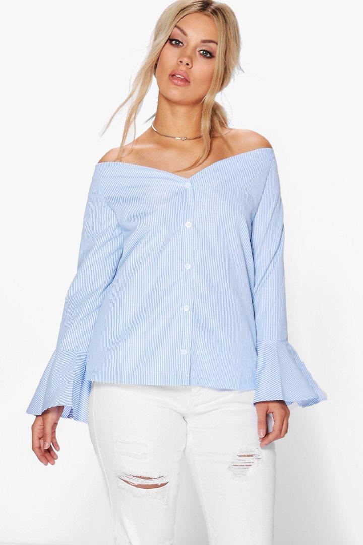 Boohoo Plus Kia Striped Bardot Shirt Blue