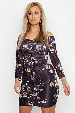 Boohoo Plus Slinky Cherry Blossom Rouched Mini Dress