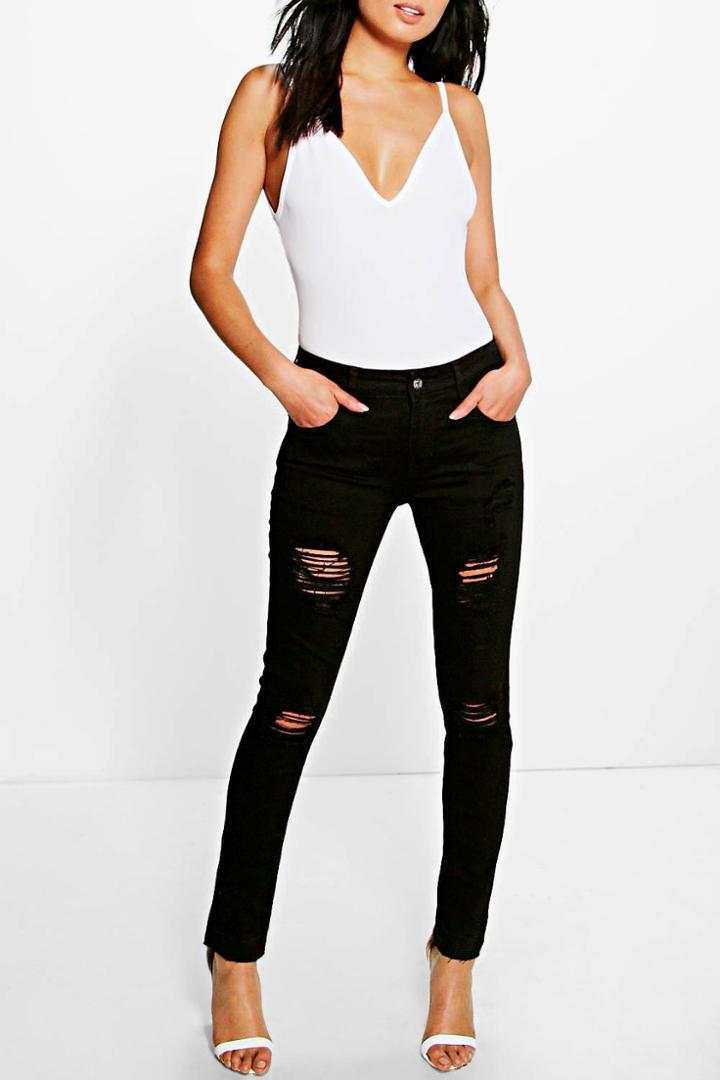 Boohoo Daisie Low Rise Ripped Skinny Jeans Black