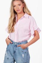 Boohoo Niamh Stripe Ruffle Sleeve Tailored Shirt Pink