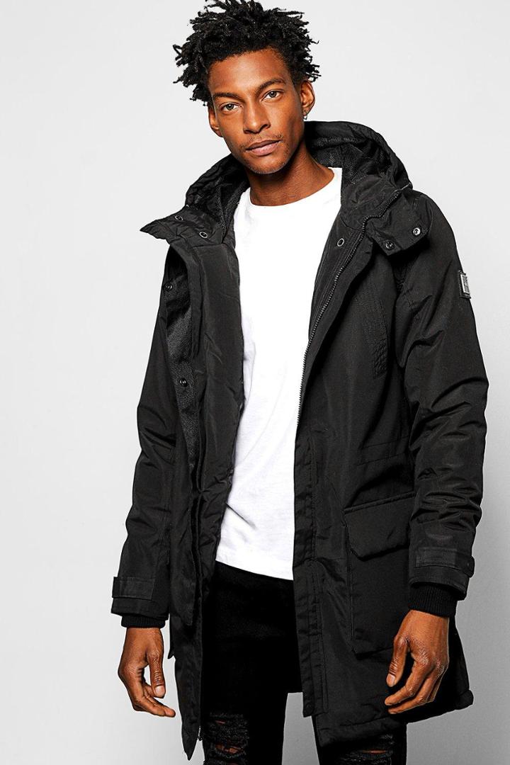 Boohoo Hooded Parka Jacket With Fishtail Hem Black