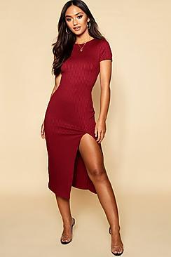 Boohoo Petite Jumbo Rib Split Hem Midi Dress