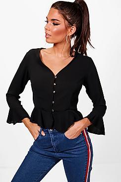 Boohoo Lara Button Through Ruffle Blouse
