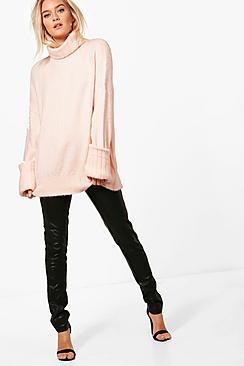 Boohoo Sarah Turn Up Cuff Maxi Sleeve Roll Neck Jumper