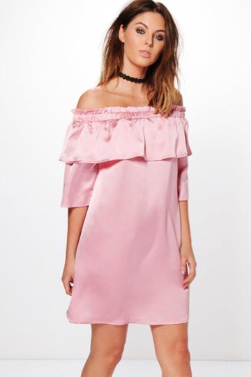 Boohoo Irene Satin Off Shoulder Frill Shift Dress Blush