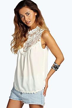 Boohoo Sammy Crochet Trim High Neck Sleeveless Blouse