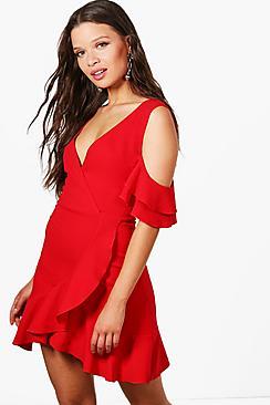Boohoo Sophia Cold Shoulder Frill Detail Bodycon Dress