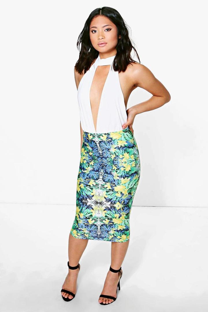 Boohoo Petite Corinna Floral Print Plunge Midi Dress Multi