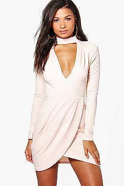 Boohoo Kelly Plunge Neck Wrap Detail Bodycon Dress