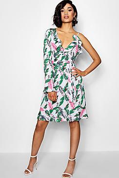 Boohoo Tall Faith One Shoulder Ruffle Palm Print Dress