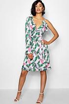 Boohoo Tall Faith One Shoulder Ruffle Palm Print Dress
