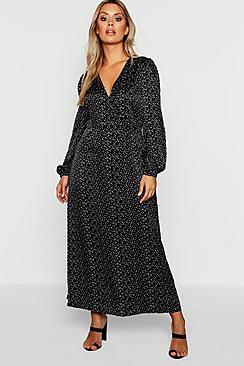 Boohoo Plus Spot Balloon Sleeve Wrap Dress