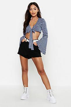 Boohoo Petite Gingham Embroidered Tie Front Crop Top