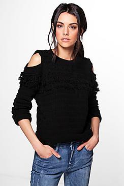 Boohoo Abi Cold Shoulder Fringed Jumper