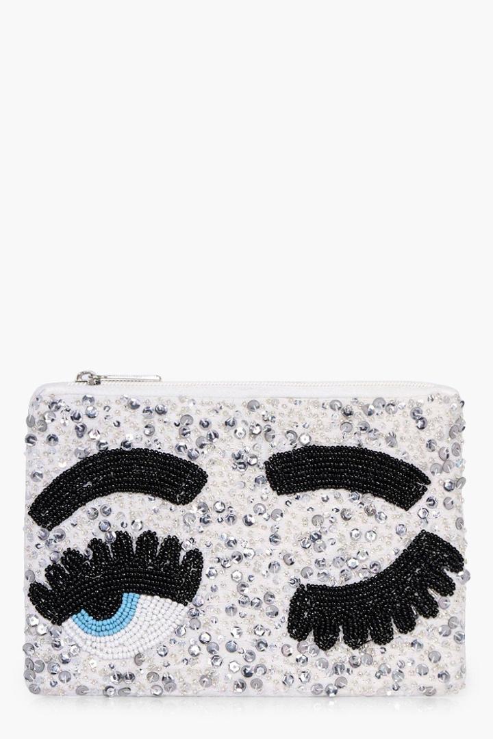 Boohoo Bethany Sequin Eyes Zip Top Purse Silver