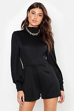Boohoo High Neck Ruched Sleeve Playsuit
