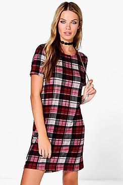 Boohoo Helena Check Brushed Knit Shift Dress