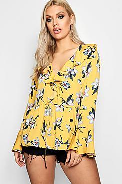 Boohoo Plus Katie Ruffle Tie Front Peplum Top