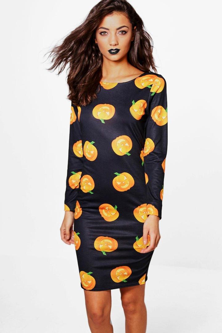 Boohoo Tall Leonie Halloween Pumpkin Bodycon Dress Multi