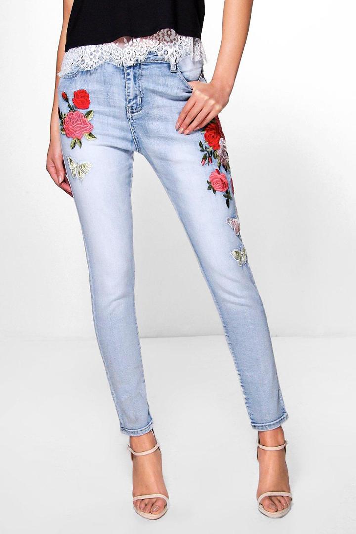 Boohoo Sarah High Rise Heavy Embroidery Skinny Jeans Blue