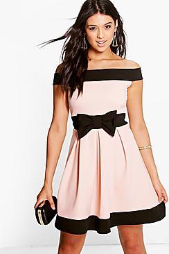 Boohoo Denise Bow Detail Bardot Skater Dress
